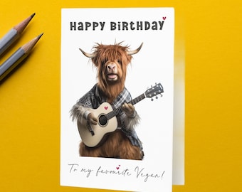 Highland Cow Playing Guitar Happy Birthday To My Favorite Vegan Card - Funny Vegan Birthday Card - Favorite Vegan Card - Vegetarian Card