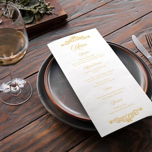Klasyczne menu weselne - 3,75 x 8,88" [Szablon Canva] | Idealne na formalne wydarzenia, wesela, okolicznościowe dekoracje | Złoto-białe edytowalne menu