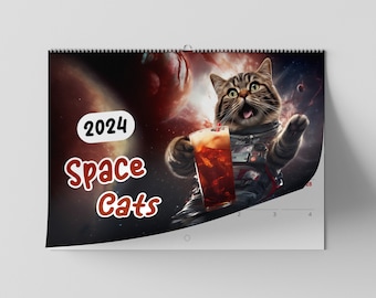 May include: A 2024 calendar featuring a cat in a space suit holding a glass of soda. The calendar is titled "Space Cats".