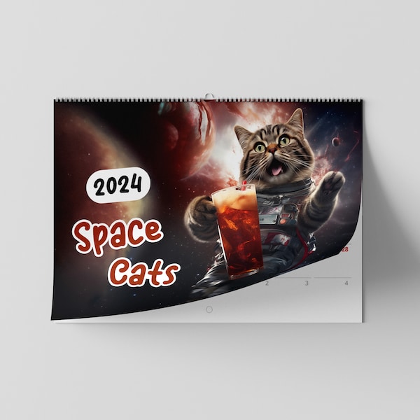 Space Cats Calendar 2024, Katzen Wandkalender, Cats in Space Kalender, Katzenliebhaber Geschenk, lustige Wanddekoration, Katzendruck