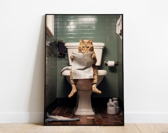 Funny Bathroom Poster, Cat Reading Newspaper Wall Art, Toilet Decor, Cat Print for Cat Lovers, Vintage Wall Picture, Cat Lover's Gift