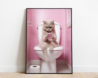 Funny bathroom poster cat with phone on toilet, toilet wall art, cat enthusiast toilet decor, bathroom print, cat lovers gift