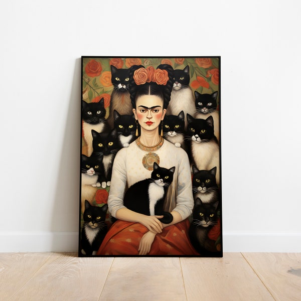 Frida Kahlo Katzenposter, Moderner Kunstdruck Frida Khalo, Frida Rivera Bild, Vintage Dekor, Kunst- und Katzenliebhaber Geschenk