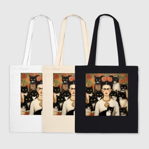 Boho Cotton Tote Bag – Vintage Art Design, 100% Cotton Shopping Bag, Gift for Art and Cat Lovers