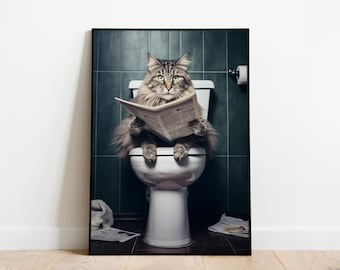 Funny bathroom cat poster, wall art, toilet decor, cat-themed art print for cat enthusiasts, bathroom wall painting, cat lover's gift