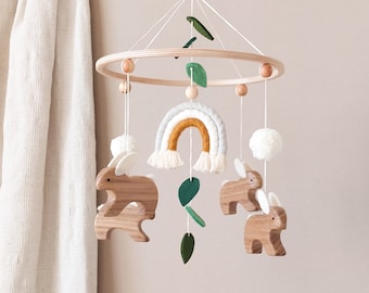 Neutral baby mobile for boy and girl - Crib mobile Rabbit & Rainbow - Woodland nursery decor - Babyshower gift - New baby gift - Infant toys