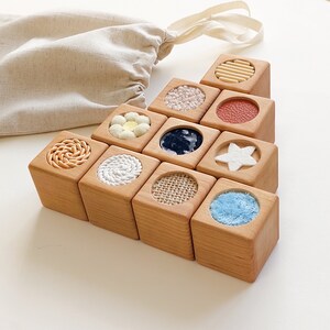 Set of 10 sensory blocks with linen bag First birthday gift Montessori wooden blocks Toys for toddler Development of motor skill image 2