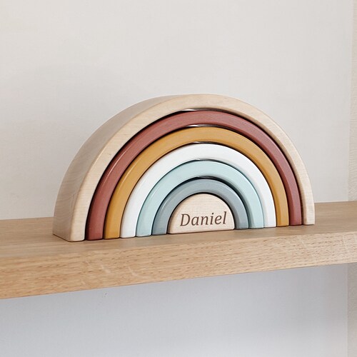 Wooden Rainbow Stacker Toy: Montessori Arches, Birch Wood Building Blocks