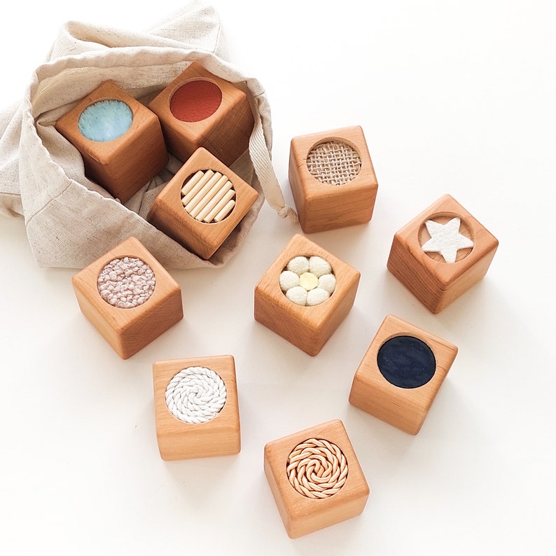 Set of 10 sensory blocks with linen bag First birthday gift Montessori wooden blocks Toys for toddler Development of motor skill image 7