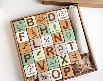 Wooden Alphabet Blocks Set – Engraved Alder Wood, Neutral Colors