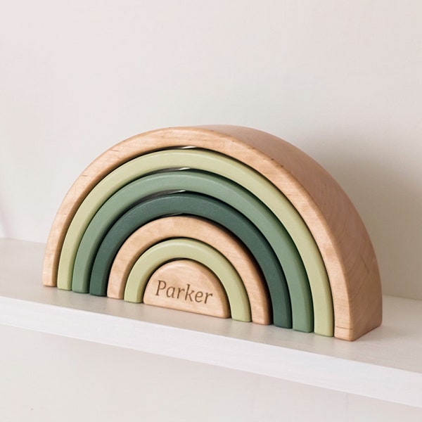 Personalized wooden rainbow toy - Woodland nursery decor - Montessori toddler room - Green shelf decor - Gender neutral gift - Pretend play