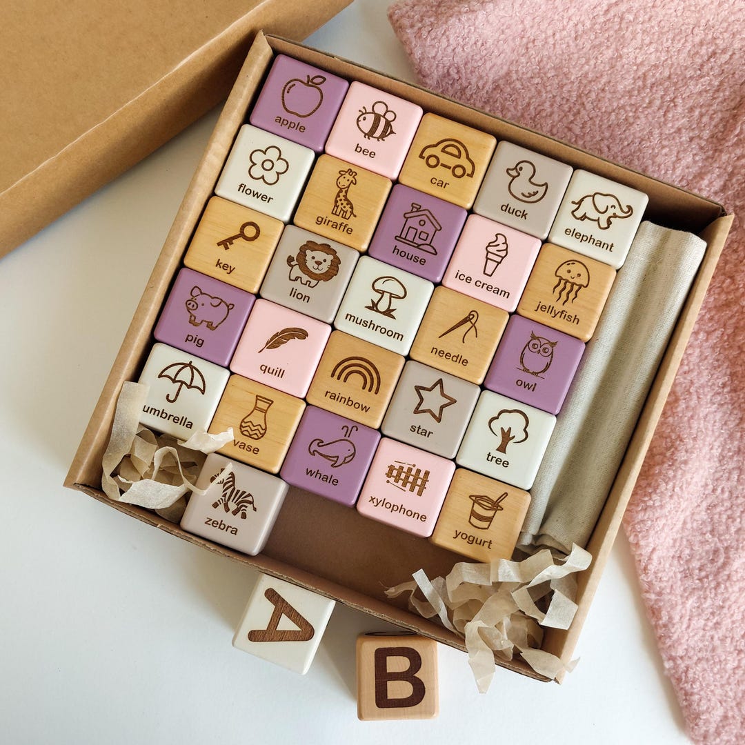 Engraved Block Letters Wooden Alphabet Blocks: Engraved Letters & Pictures, Educational Toy - Etsy