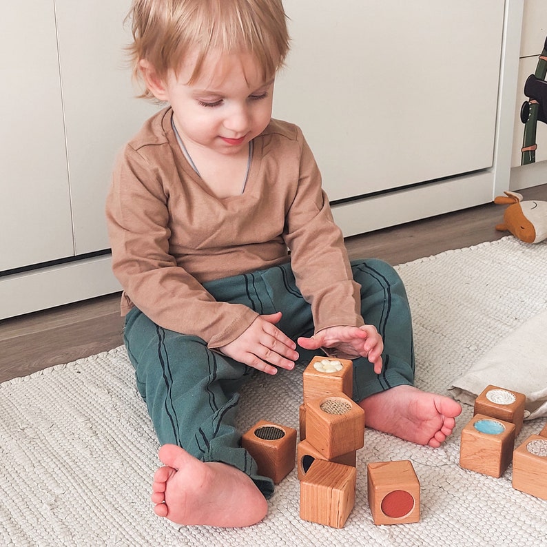 Set of 10 sensory blocks with linen bag First birthday gift Montessori wooden blocks Toys for toddler Development of motor skill image 4