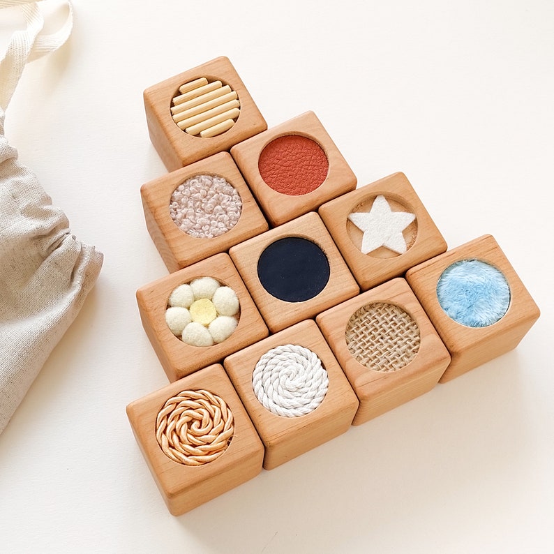 Set of 10 sensory blocks with linen bag First birthday gift Montessori wooden blocks Toys for toddler Development of motor skill image 1