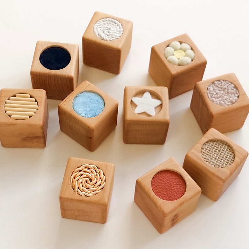 Set of 10 sensory blocks with linen bag First birthday gift Montessori wooden blocks Toys for toddler Development of motor skill image 9