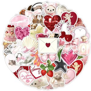May include: A collection of colorful stickers featuring hearts, butterflies, flowers, animals, and other cute designs. The stickers are perfect for decorating journals, laptops, water bottles, and other personal items.