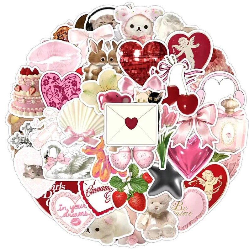 May include: A collection of colorful stickers featuring hearts, butterflies, flowers, animals, and other cute designs. The stickers are perfect for decorating journals, laptops, water bottles, and other personal items.