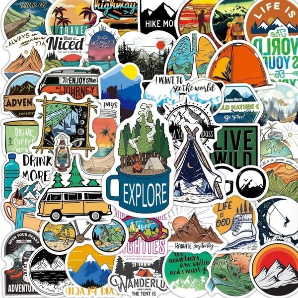 Outdoor Adventure Vinyl Sticker Pack: Waterproof Hiking & Camping Decals