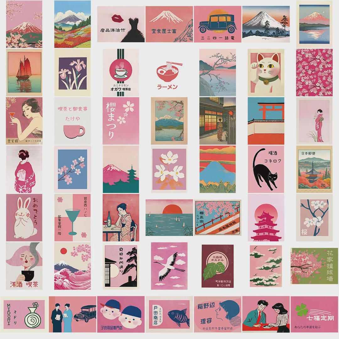 50PCS Vintage Japanese Stickers | Pink Japan Culture Vinyl Decals for ...