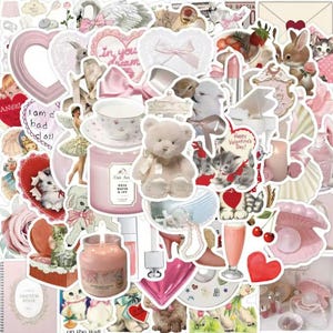 May include: A collection of pink and white aesthetic stickers featuring various images, including a teddy bear, a teacup, a ballerina, a bunny, a heart, and a candle. The stickers are perfect for decorating journals, laptops, water bottles, and other items.