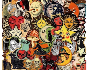 May include: A collection of assorted stickers featuring various illustrations including celestial bodies, skulls, mushrooms, black cats, witches, and human faces in a mix of dark, vibrant, and muted colors with intricate line work and graphic designs.
