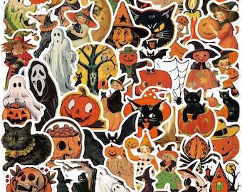 50 Vintage Halloween Stickers, Retro Spooky Cartoon Decals