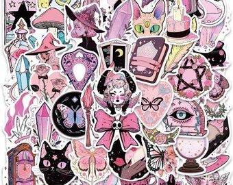 50PCS Pink Gothic Stickers Witchy Coquette Tarot Crystal Moon Cat Journal Scrapbook Vintage