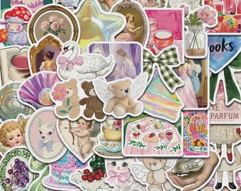 50PCS Coquette Stickers – Pink Bows, Bears, Vintage Romance, Scrapbook