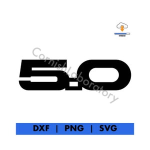 May include: Black and white graphic design of the number 5.0. The number 5 is larger than the number 0. The number 0 is a circle with a smaller circle inside.