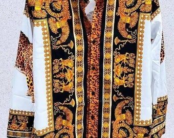 Chemise moyenne léopard baroque des années 1990, chaîne en or baroque, oeuvre d'art pop psychédélique, chemise en polyester boutonnée, baroque unisexe