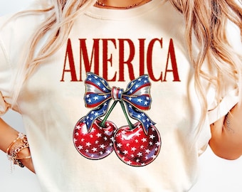Shirt America Cherries, shirt America Cherry, Amerikaanse vlag Cherry Bow, trendy shirt 4 juli, vrouw 4 juli, shirt Amerika girly
