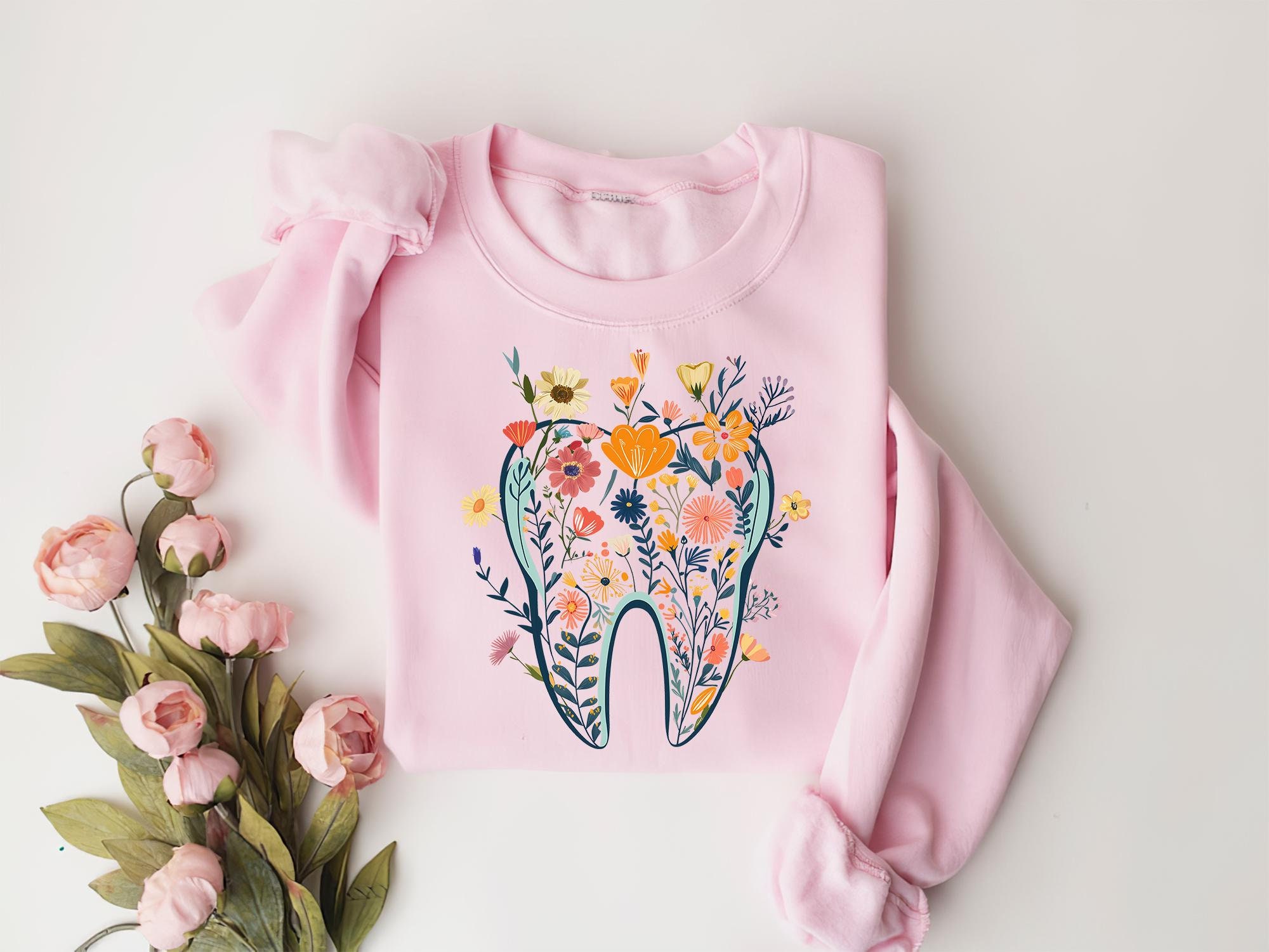 Floral Tooth Sweatshirt, Dental Assistant Tee, Retro Dentist Shirt, Dental Student Gift Dental Hygienist