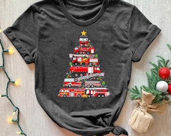 Firefighter Truck Christmas Tree Shirt, Fire Truck Christmas Shirt Gift For Fireman