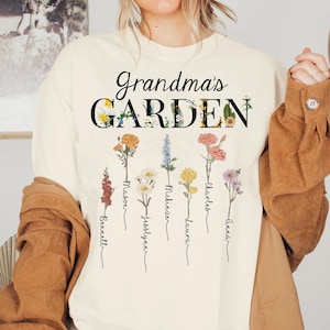 Gepersonaliseerde Mimi&#39;s Garden-shirt, Moederdag kerstverjaardagscadeaus voor Nana Gigi, aangepast bloemenshirt geboortemaand met kindernamen