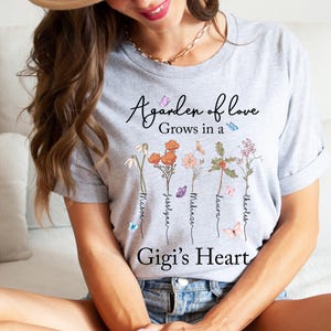Aangepast oma-tuinshirt, gepersonaliseerd geboortebloemshirt met namen kleinkinderen, Moederdagcadeau voor oma