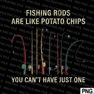 Może przedstawiać: Grafika z czarnym tłem i kolorowymi wędkami. Tekst brzmi: "Wędki wędkarskie są jak chipsy. Nie możesz mieć tylko jednej."
