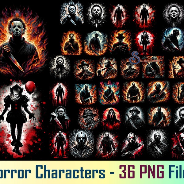 Horror Characters PNG Bundle, Sparklers Fantasy Clipart, Halloween Sublimation, Scary Movies Shirt, Spooky Season PNG, Instant Download