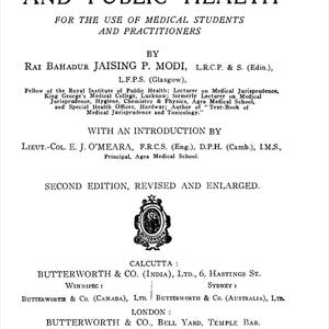 May include: Black and white book cover with the title "Elements of Hygiene and Public Health" for the use of medical students and practitioners. The book was written by Rai Bahadur Jaising P. Modi, L.R.C.P. & S. (Edin.), L.F.P.S. (Glasgow).