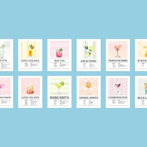 12 Piece Cocktail Poster Set | Cocktail Art, Bar Cart, Minimalist Alcohol Print, Kitchen Bar Decor, Cocktail Recipe Card, UNFRAMED, Colorful