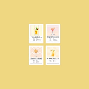 4 Piece Customizable Cocktail Poster Set |Cocktail Art, Bar Cart, Minimalist Alcohol Print, Kitchen Bar Decor, Cocktail Recipe Card UNFRAMED