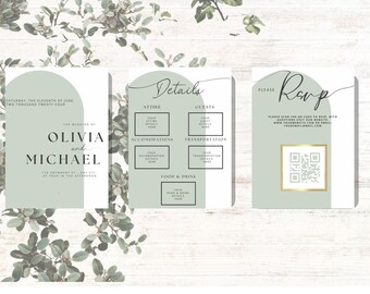 May include: A wedding invitation suite with a green and white color scheme. The invitation features a semi-circle design with the text "The Wedding of Olivia and Michael" and the date "Saturday, the eleventh of June, two thousand twenty four". The details card includes sections for attire, guests, accommodations, transportation, and food and drink. The RSVP card features a QR code and the text "Please scan the QR code to RSVP. With questions visit our website: www.yourwebsite.com. Your email@email.com."