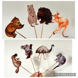 Puede incluir: Ilustraciones en acuarela de animales australianos, incluyendo un koala, un canguro y un emú, adheridas a palitos de madera. Los animales están representados en varios tonos de marrón, gris y naranja, con detalles y texturas. La imagen es un collage.