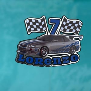 May include: A grey car with blue racing stripes and the name "Lorenzo" in blue lettering. The number "7" and two chequered flags are above the car. The background is teal.