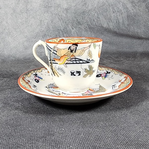 Antique Petrus Regout Maastricht Timor, Chinoiserie Duo, Teacup and saucer c.1862-1880+, The Royal Sphinx, Holland, Duch Polychrome Faience