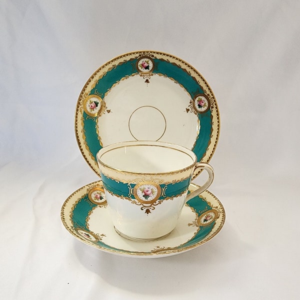 Antique 19th Century Trio, Green and Gold, Hand painted roses, Victorian tea cup