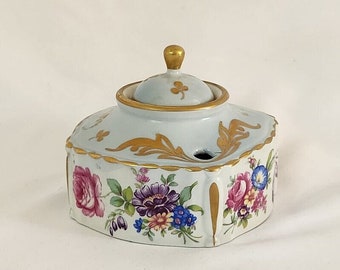 Vintage Limoges porcelain Inkwell, Floral decoration, made in France, c1970, Hand painted inkwell