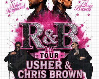 May include: A promotional poster for an R&B tour featuring Usher Raymond and Chris Brown. The design includes portraits of both artists, pink glitter accents, star motifs, and crowns. Text reads R&B TOUR USHER & CHRIS BROWN SUMMER 2026.