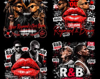 May include: A graphic design featuring four distinct panels with portraits of Usher Raymond and Chris Brown wearing sunglasses. The imagery includes red lips, microphones, a boombox, and text reading R&B Music, The R&B Tour, and Raymond & Brown.