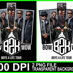 Pode incluir: Gráfico promocional para a "Boys 4 Life Tour" com um grupo de homens em várias poses. O design inclui o texto "BOW B2K WOW" em uma fonte geométrica em negrito e "BOYS 4 LIFE TOUR". A imagem está disponível como arquivo PNG 2 com fundo transparente.