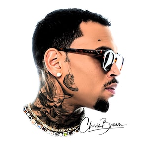 May include: A side profile of a man with dark hair, wearing tortoiseshell-framed sunglasses. He has a goatee, a nose ring, and a tattoo of a shoe on his neck. He is wearing a necklace with colorful gemstones. The image includes the signature "Chris Brown".